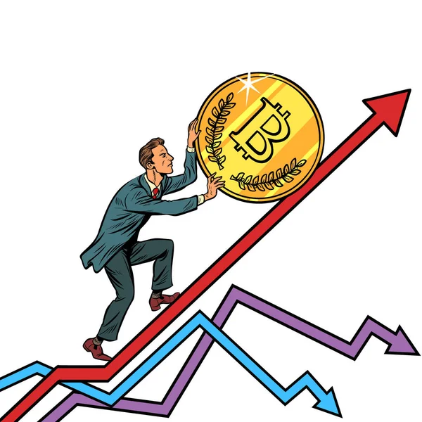 Geschäftsmann rollt Bitcoin-Münze hoch — Stockvektor