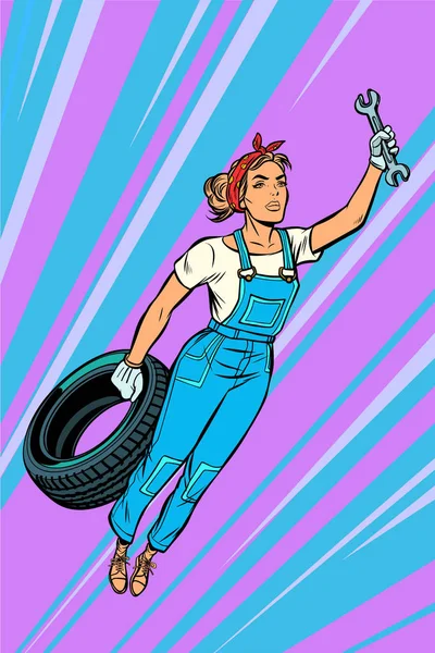 妇女机械轮胎飞行超级英雄帮助 — 图库矢量图片