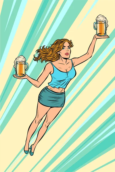 Офіціантка несе пиво літаючий супергерой допомога — стоковий вектор