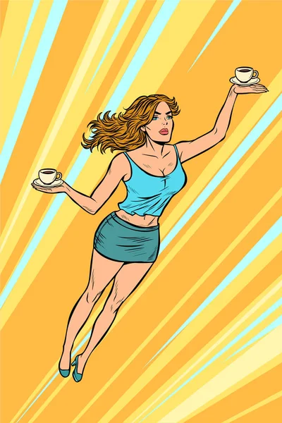 Kelnerka prowadzi kawy latające pomocy superbohatera — Wektor stockowy