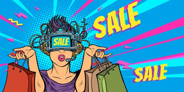 Γυναίκα Ψώνια για την πώληση. εικονική πραγματικότητα — Διανυσματικό Αρχείο