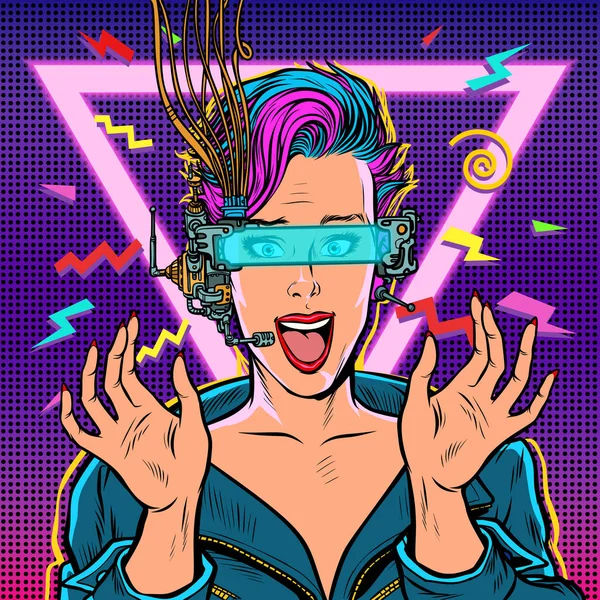 Mulher alegre em óculos VR —  Vetores de Stock