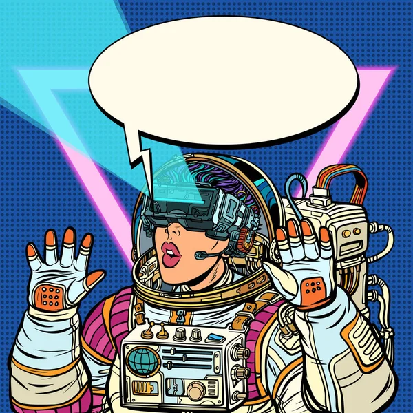 Woman astronaut in virtual reality glasses. Girls 80s — Stock Vector