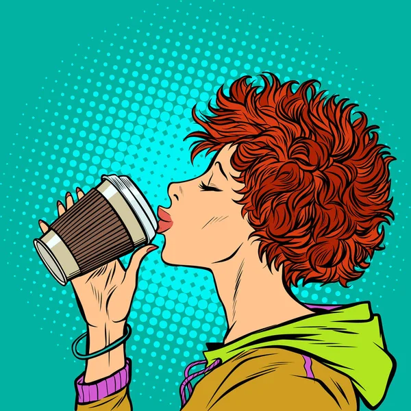 现代女人喝一杯纸咖啡。女孩80年代 — 图库矢量图片