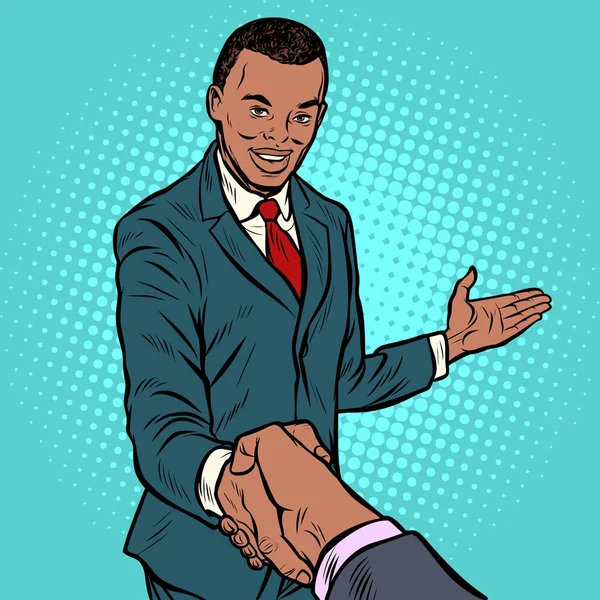 African Businessman Shaking Hands Pop Art Retro Vector Illustration — Stock Vector