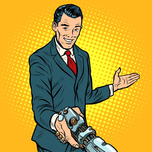 Biznesmen, drżenie rąk, robot, nowych technologii — Wektor stockowy