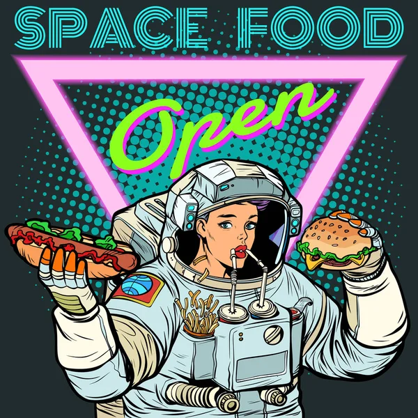 Comida espacial. Mulher astronauta come. Cola, cachorro-quente e hambúrguer . —  Vetores de Stock