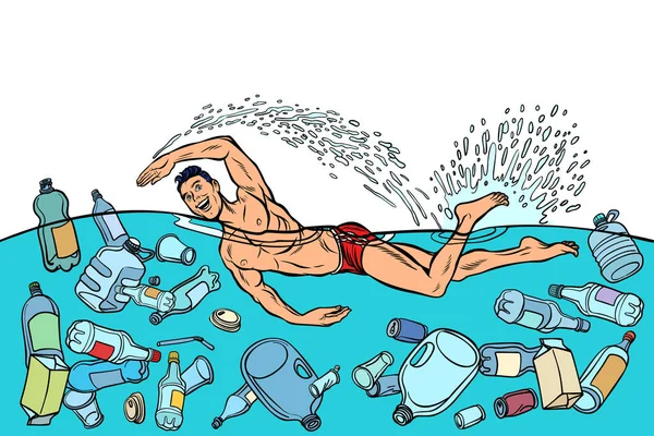 プラスチックのゴミによる海洋汚染。生態学の概念。男性スイマー s — ストックベクタ