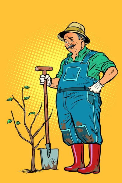 Viejo jardinero planta una plántula. ecología y jardinería — Vector de stock