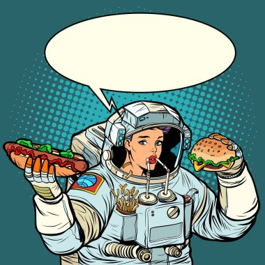 Pop art. Kadın astronot yiyor. Cola, sosisli sandviç ve hamburger foo hızlı