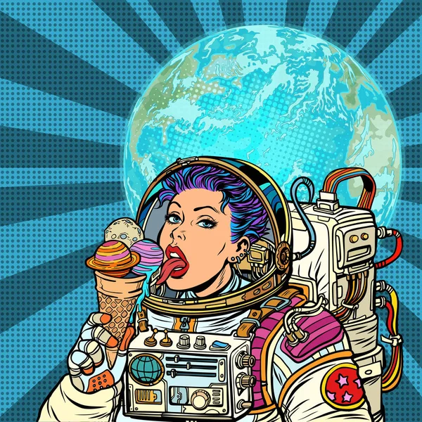 Woman astronaut eats planets of the solar system, like ice cream — Stock Vector