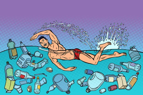 Zwemmer op zee. oceaan vervuiling. ecologie en plastic afval — Stockvector