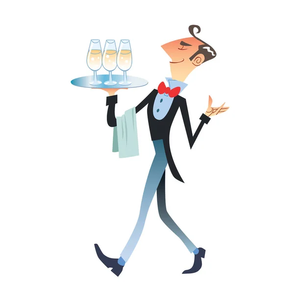 Waiter carries champagne — Stock Vector