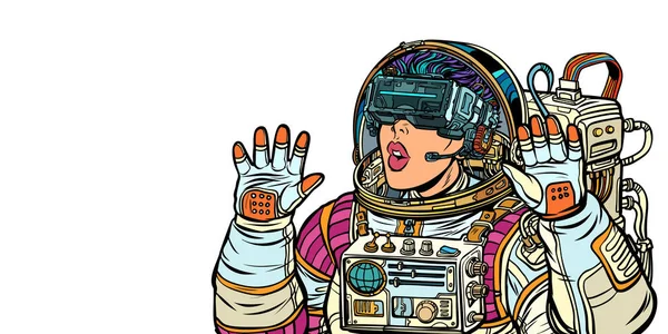 Surprised woman astronaut in virtual reality glasses. Girls 80s — Stock Vector