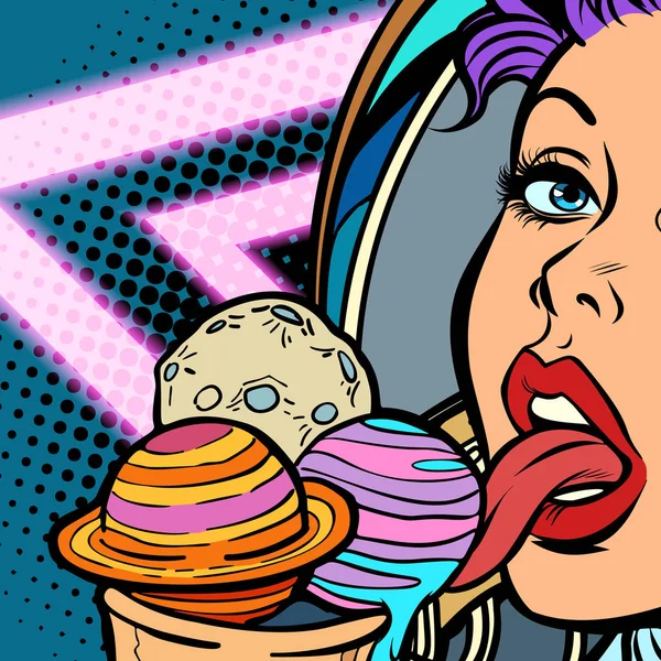 惑星は、アイスクリームのようです。女性宇宙飛行士を舐めるお菓子。女の子 — ストックベクタ