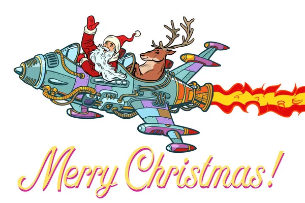 Frohe Weihnachten. Retro-Weihnachtsmann mit einem Hirsch, der auf einem Felsen fliegt — Stockvektor