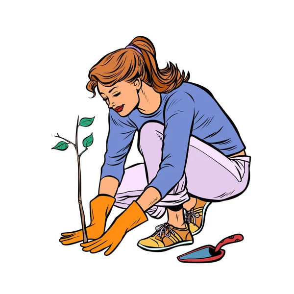 Femme travaillant dans le jardin, planter un semis — Image vectorielle