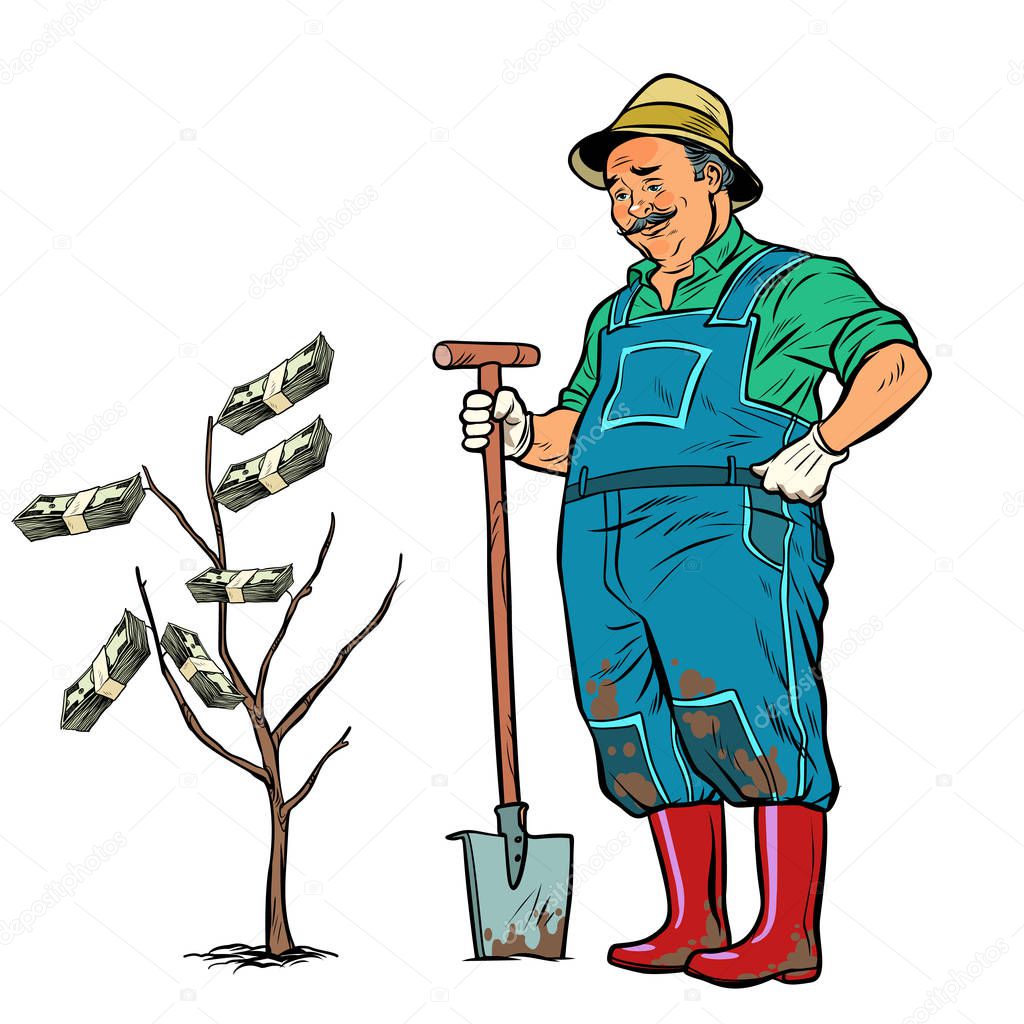 old gardener grows dollars on a tree