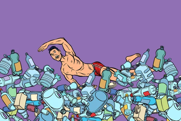 Nadador em resíduos de plástico. poluição oceânica. ecologia —  Vetores de Stock