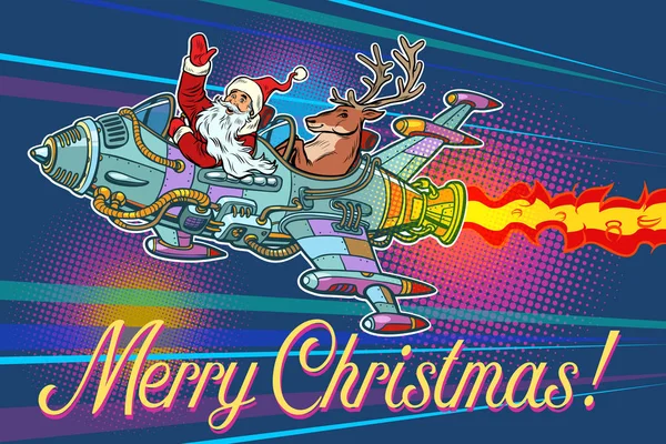 Vrolijk kerstfeest. Retro Kerstman met een hert vliegen op een rocke — Stockvector