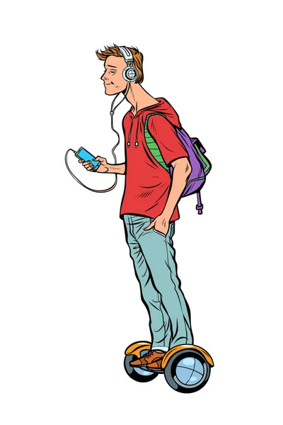 滑板车陀螺仪。青少年青少年, 耳机和智能手机 — 图库矢量图片