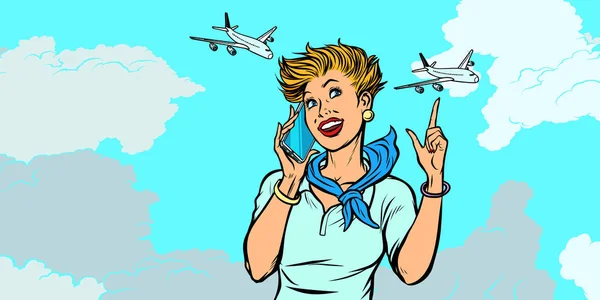 Kvinne flyvertinne med telefon, himmel og fly – stockvektor