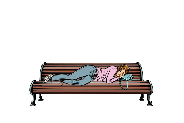 Mujer joven durmiendo en un banco. sin hogar — Vector de stock