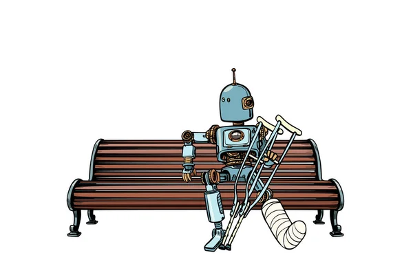 Robot con la pierna rota en yeso, descansar en el parque — Vector de stock