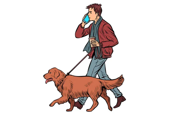 Hombre pasea con un perro, golden retriever — Vector de stock