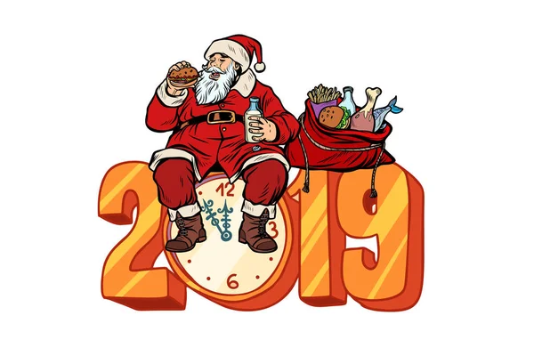 Hungry Santa Claus eating, new year 2019 — Stock Vector