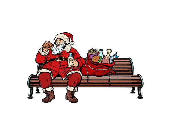 Санта-Клаус голодный ест на скамейке в парке — стоковый вектор