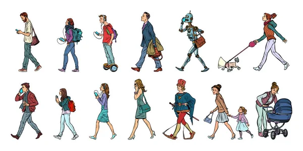 Set collection of pedestrians people walk. Women men robot dog. — Stock Vector