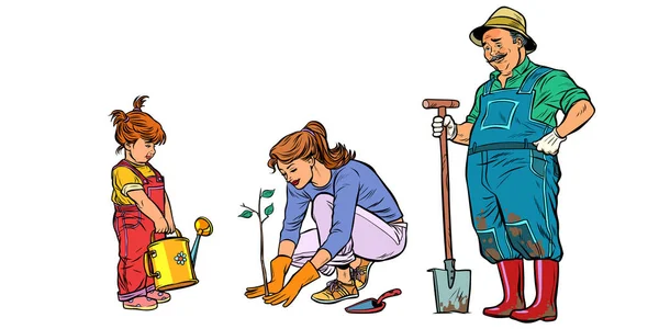 Мать, дочь и дедушка работают в саду. Семейный план — стоковый вектор
