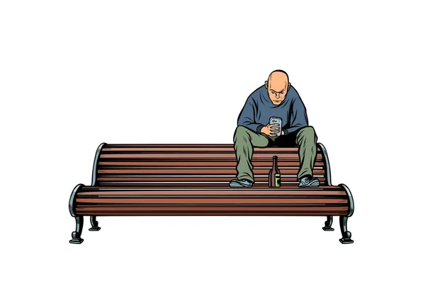 Skinhead bully sitting on a bench with a bottle — Stock Vector