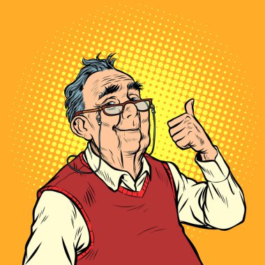joyful elderly man with glasses thumb up like clipart