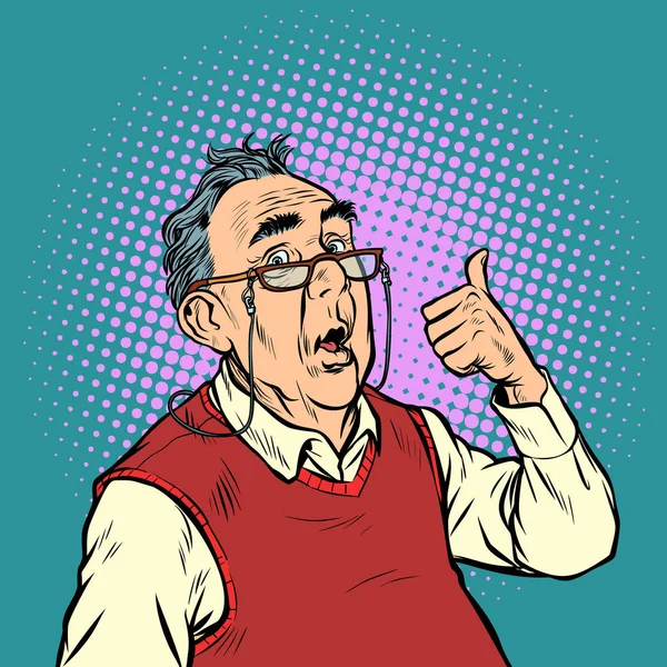 Homem idoso surpreso com óculos polegar como —  Vetores de Stock