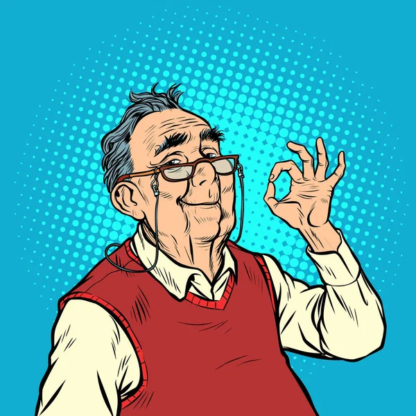 Smile Elderly Man Glasses Okay Gesture Pop Art Retro Vector — Stock Vector