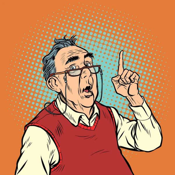 Starszy mężczyzna niespodzianka z palcem wskazującym gest Uwaga okulary się — Wektor stockowy