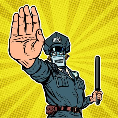 El hareketini kes. Robot polis. Pop Art retro vektör illüstrasyon kalitesiz klasik çizim