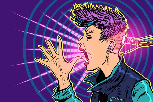 Adicción a Internet cyberpunk. gadgets virtualidad. 80 chica mujer — Vector de stock