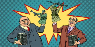 Politicians start wars for money concept. Businessmen laughing soldiers fighting clipart