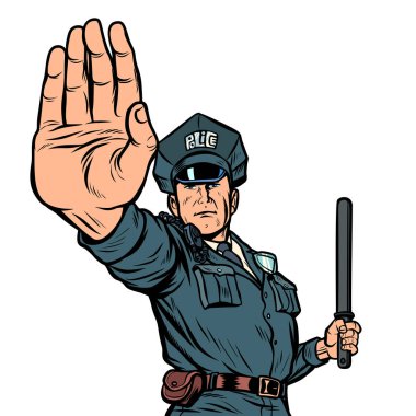 Polis memuru hareketini durdurmak. Beyaz arka plan üzerinde izole