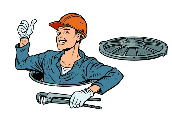 Gesture like. Plumber in the manhole — Stock Vector