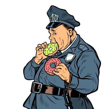 Polis donut yiyor. Beyaz arka plan üzerinde izole