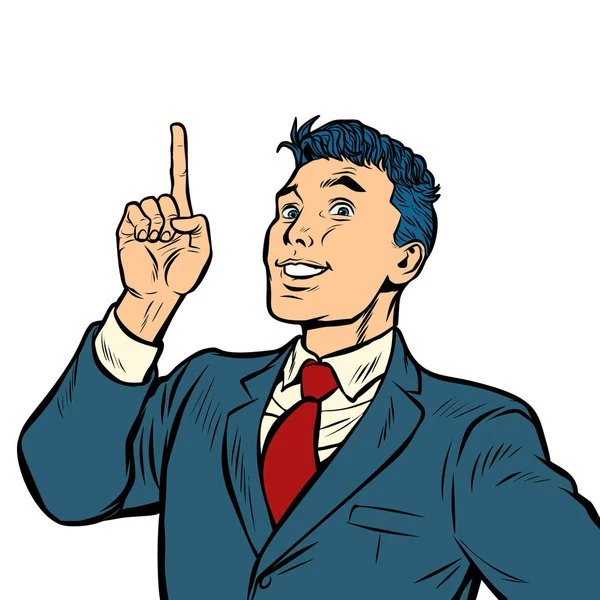 Empresário sorriso indicador dedo para cima gesto isolado no fundo branco —  Vetores de Stock