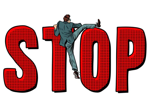 Hombre de negocios se sube a la palabra stop — Archivo Imágenes Vectoriales