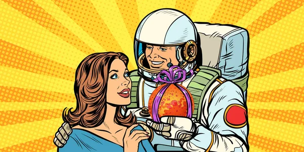 Pareja enamorada. Astronauta le da a una mujer Marte — Vector de stock