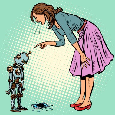 robot broke the phone. Woman scolds guilty clipart