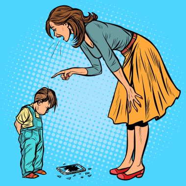mother and guilty son. broken phone clipart