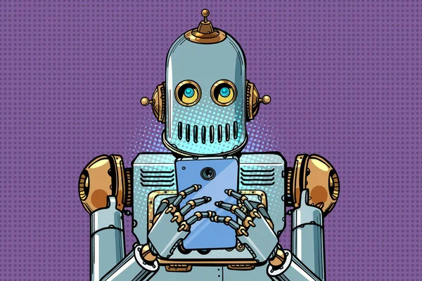 Robot mira el teléfono inteligente — Archivo Imágenes Vectoriales